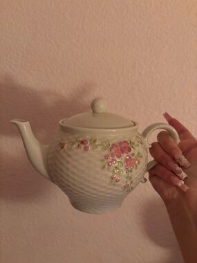 White Ceramic Teapot with Pink Floral Accents